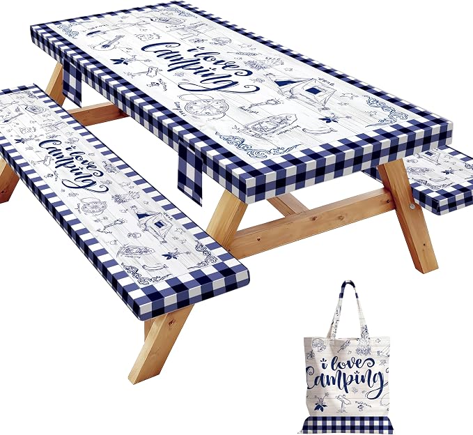 Picnic Table Cover with Bench Covers Elastic,Fitted Table Cloths for Rectangle Tables 6 Foot Washable,Waterproof Tablecloth for Outdoor Camping Essentials (Blue Checked, 6 Foot)