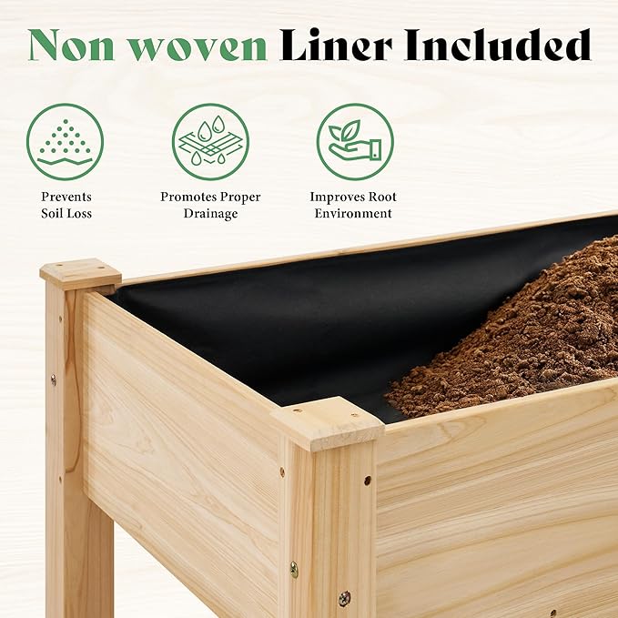 AMERLIFE Raised Garden Bed, 48x30x24 Inches Elevated Wood Planter Box with Bed Liner, Legs, Divider, Drainage Holes, Stand for Backyard, Patio, 330 Lb Capacity - Light Wood