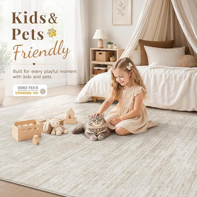 6x9 Area Rugs Living Room Rug: Washable Modern Abstract Rugs Neutral Non Slip Rug Soft Low Pile Indoor Bedroom Carpet for Nursery Office Dining Room Kids Room (Beige, 6'x9')