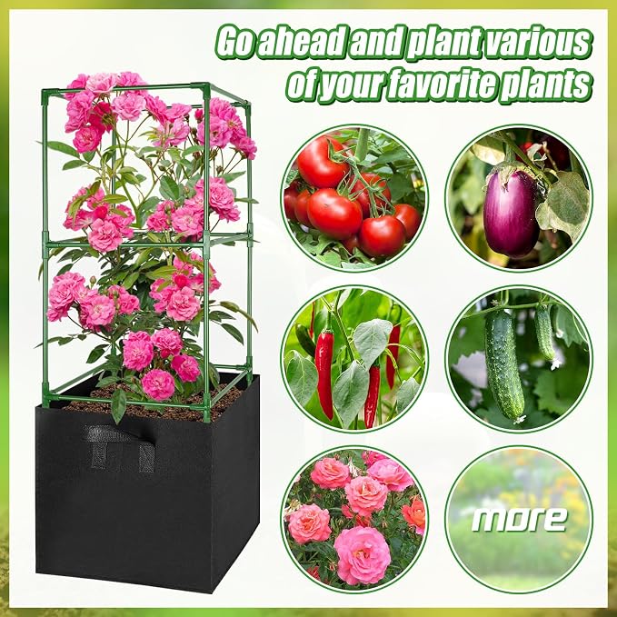 ANPHSIN Sturdy Square Tomato Cage with Movable 17 Gal Grow Bags - 3 Sets 46'' Plants Garden Trellis Planter, Support for Indoor Outdoor, Cucumber, Beans, Peppers, Eggplants, Climbing Vegetables