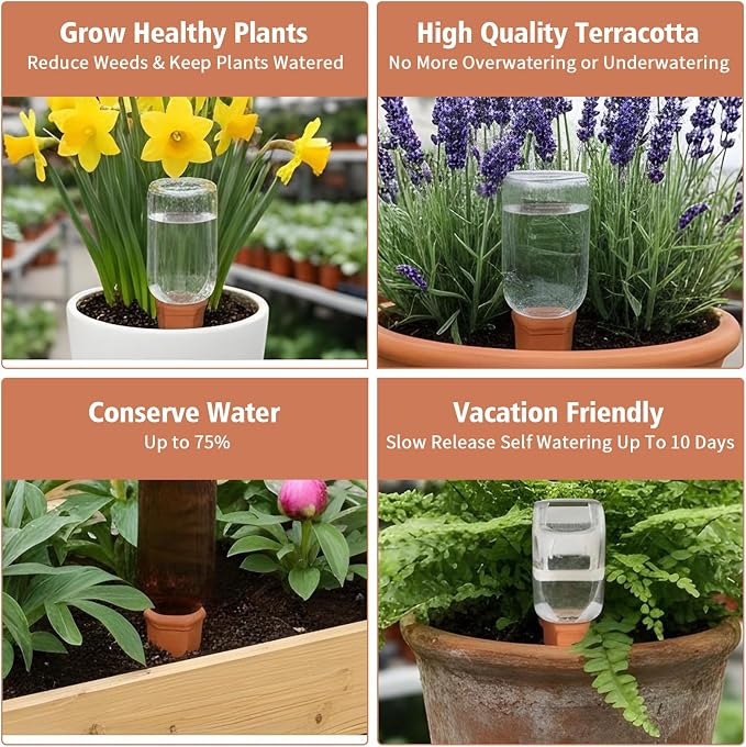 6 Pcs Large Terracotta Watering Spikes, 95ml Clay Watering Spikes for Plants, Automatic Self-Watering System for Indoor & Outdoor Use, Slow Release Plant Nanny, Vacation Plants Care