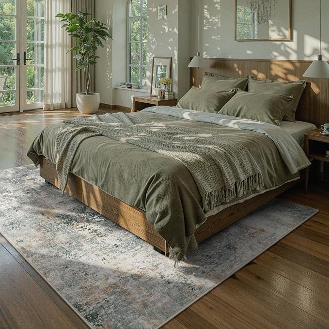 Lahome Washable 5x7 Area Rugs for Living Room, Grey Neutral Modern Abstract Rug for Bedroom Non Slip, Soft Contemporary Low Pile Indoor Carpet for Dorm Guest Dining Room Table Apartment