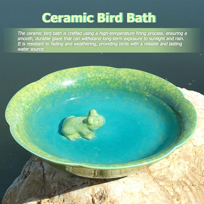 10" W Ceramic Bird Bath Bowl,Bird Bath for Outdoors with Frog Decor.