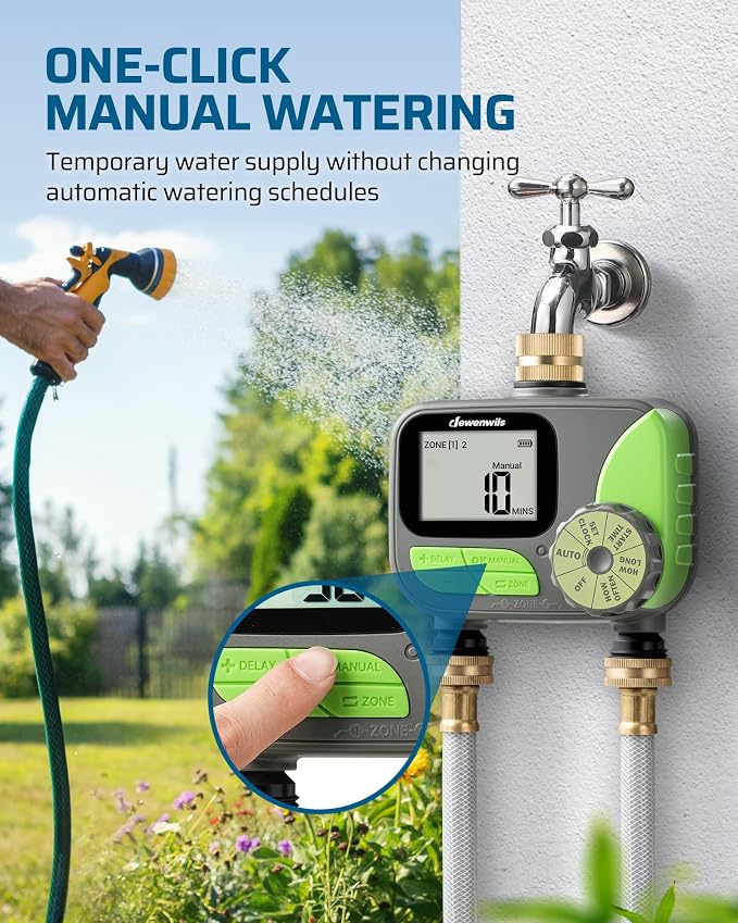 DEWENWILS 2-Zone Outdoor Hose Timer - Automatic Sprinkler Timer with Brass Inlet, Rain Delay & Manual Control for Lawn, Garden, and Yard Irrigation