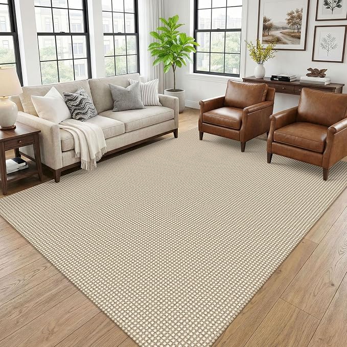KOZYFLY 6x9 Dining Room Rugs, Washable Area Rug for Living Room, Non Slip Rugs for Bedroom, Braided Floor Carpet for Nursery, Office, Cotton Rug Home Indoor Decor, Ivory/Camel/Brown