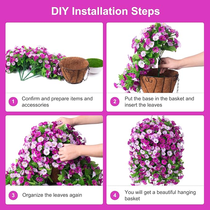 INXUGAO Artificial Flowers with Hanging Basket, Outdoor Faux Plants Silk Morning Glory Vines, Fake Green Arrangement for Garden Patio Spring Summer Decor(4pcs,Darkorchid)
