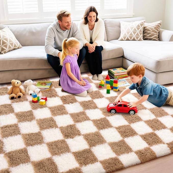 Checkered Rug for Living Room 8x10, Ultra Fluffy Fuzzy Shag Large Area Rug for Bedroom, Modern Plush Soft Upgrade Non-Slip Carpet for Kids Girls and Boys Room Dorm Home Decor, Cream and Camel