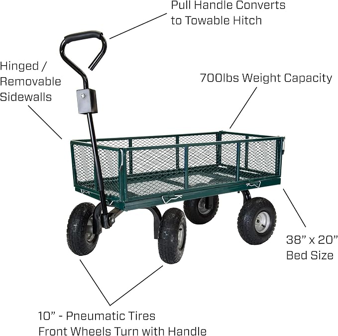 Garden Star 70107 Garden Cart/Utility Cart, Hinged/Removeable Sidewalls, Four 10-inch Wheels, Loop Handle with Convertible Hitch Attachment, Steel Powder-Coated Mesh Frame, 700-pound Capacity, Green