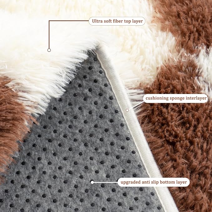 Checkered Rug 9x12 for Living Room, Ultra Fluffy Fuzzy Shag Large Area Rug for Bedroom, Modern Plush Soft Upgrade Non-Slip Carpet for Kids Girls and Boys Room Dorm Home Decor, Cream and Coffee
