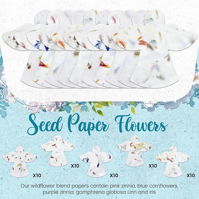 Dunzoom 50 Pcs Handmade Seed Paper Plantable Wildflower Seed Paper Recycled Flower Petals Tags Wedding Favors for Guests Craft Gifts Cards for Envelope Birthday Party, 5 Styles (Angel)