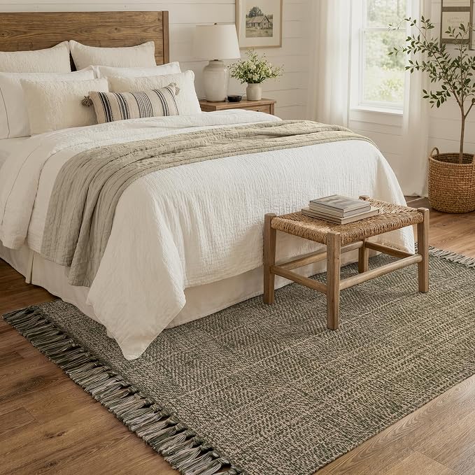 4' x 6' Moss Green Bedroom Area Rug, Boho Indoor Outdoor Rugs | Hand-Woven Washable Living Room Rug, Modern Farmhouse Braided Bedside Mats, Reversible Dining Room Carpet for Nursery Patio