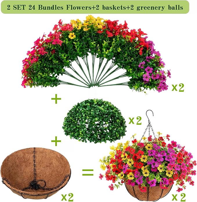 Geegoods 2 Pack Artificial Hanging Flowers for Outdoors, 24 Pcs UV Resistant Faux Mums Flowers with 2 Hanging Baskets, Fake Hanging Plants for Front Porch, Patio, Balcony, Yard and Garden Decor