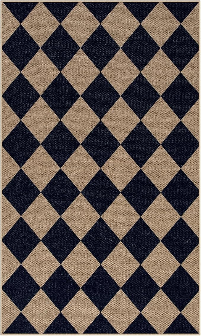 Lahome Colette Checkered Easy Jute Entry Rug, 3x5 Black Outdoor Patio Rug for Living Room Farmhouse Neutral Carpet, Washable Non Slip Indoor Door Mat Diamond Carpet for Front Door Deck Camping