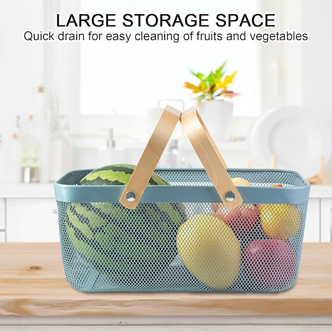 Portable Garden Harvest Basket-Mesh Design Natural Bamboo Handle Wire Storage Baskets,Mesh Basket with Handle Organize Items Reduce Space Occupation,Suitable for Kitchen,Garden,Picnic(Blue)