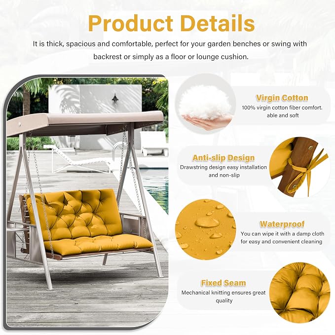 Porch Swing Cushion with Backrest,Waterproof Bench Cushion for Outdoor Furniture,2-3 Seater Replacement Thickened 5 in swing cushion,with Ties,Patio,Outdoor,Backyard and Garden (Yellow,40x40 in)