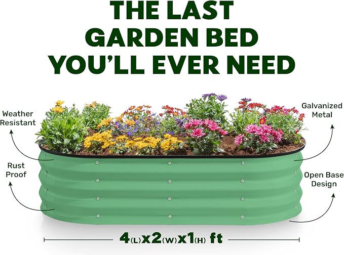 Plant & Plot Galvanized Raised Garden Beds Outdoor // 4×2×1 ft (2-Pack) Planter Raised Beds for Gardening, Vegetables, Flowers (Light Green) // Large Metal Garden Box