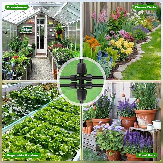50FT 5/16" Drip Irrigation Tubing and 4 Packs 4-Way Quick Coupler, Push-to-Connect Fittings- DIY Garden Irrigation System, Misting, or Blank Distribution Tubing for Any Gardening Project