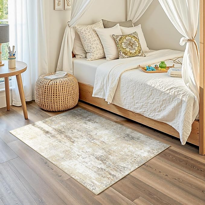 RELEANY Washable 3'x5' Abstract Area Rug for Living Room Neutral Brown | Carpet for Bedroom, Kitchen, Office, Hallway and Entryway, Printed Pattern, Non‑Slip, Soft, Stain‑Resistant, Easy to Clean