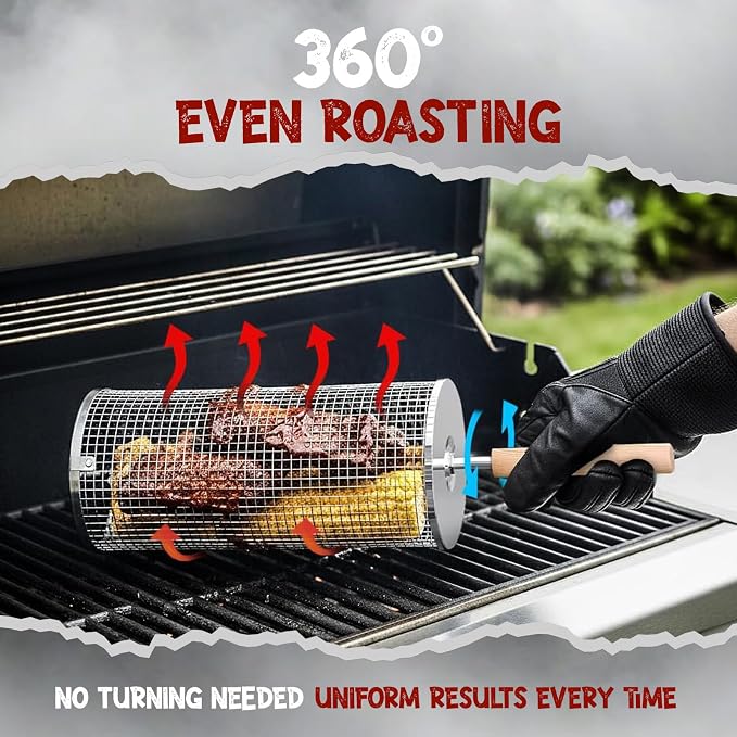 Rolling Grill Basket for Veggies (2 PCS) | 304 Stainless Steel Grill Baskets for Outdoor Grill with Removable Wooden Handle | BBQ Baskets for Grilling | Vegetable Grill Basket | Fathers Day Gifts