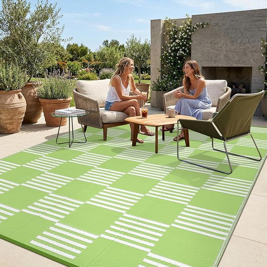 Garvee Waterproof Outdoor Rug 8x10, Checkered Foldable Plastic Straw Patio Camping Rug, Outdoor RV Carpet for Deck Camper Porch Balcony Backyard Picnic Beach Green and White