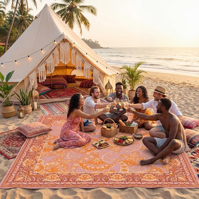 Mindsoft Boho Picnic Blankets 80''x 80'' Extra Large Beach Blanket Waterproof Sandproof Foldable Machine Washable Vintage Grass Lawn Park Mat for Family Camping Party Music Festival