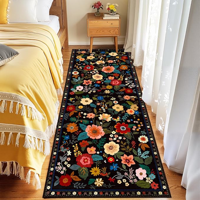 Floral Washable 2x6 Area Rugs Runner Entryway Hallway Black | Flower Carpet, Print, Boho, Non-Slip, Easy to Clean, Low Pile, Soft, for Living Room Bedroom Kitchen Office Entrance