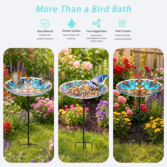 MUMTOP Bird Baths for Outdoors, Glass Birdbath Birdfeeder Bowl with Metal Stake for Outside Garden Yard Lawn Tiffany Style Decor