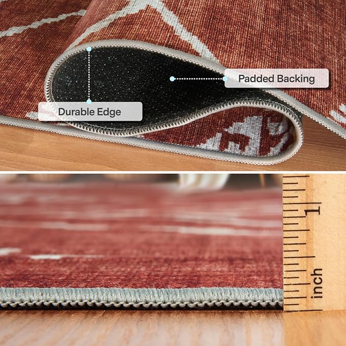 Machine Washable Area Rug - Living Room Bedroom Bathroom Kitchen Entryway Office - Padded Low Pile Stain Resistant Premium - Moroccan Diamond Tribal - Jax - Orange 5' x 7'