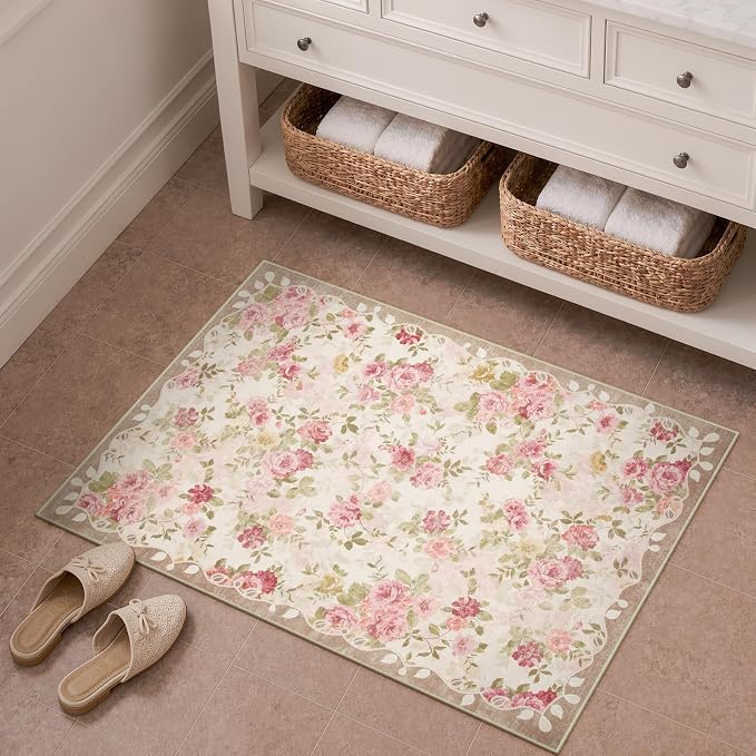 Lahome Pink Floral Bathroom Rug 2x3, Low Pile Ultra-Thin Bath Mat | Pet Friendly, Easy To Clean Non Slip Carpet For Bathroom Vanity, Bedside And Cottage Decor