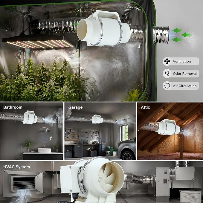 4inch Inline Duct Fan | 120 CFM, Inline Ventilation Exhaust Fan, w/ Switch, For HVAC, Grow Tent, Hydroponics, 3D Printer