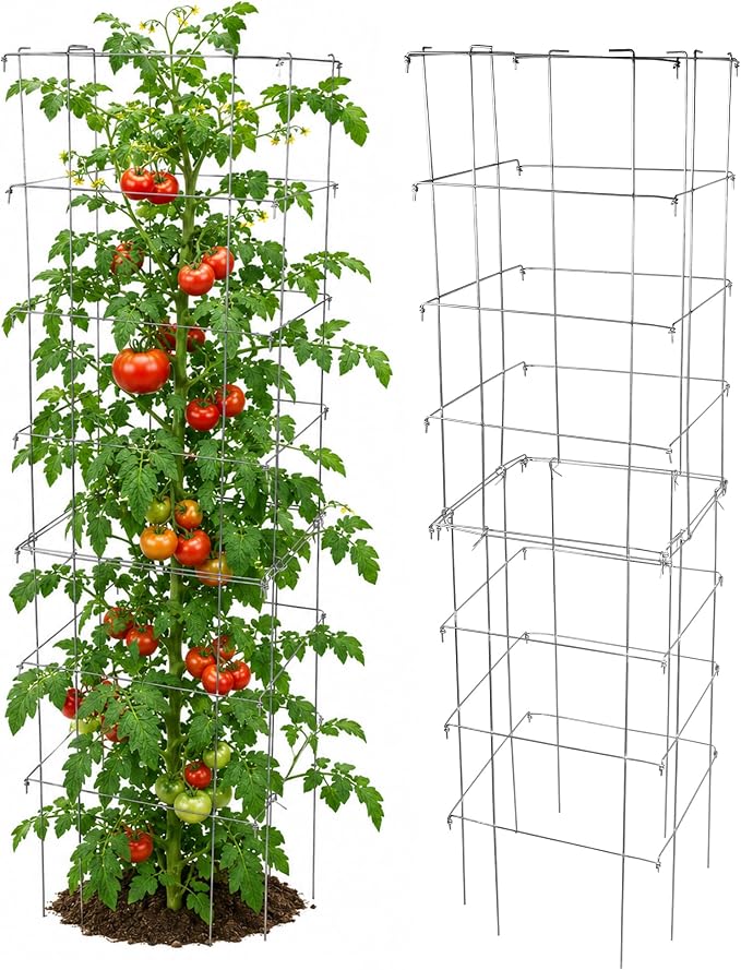 Garden Elements Square Tomato Cage, 67 Inch (Pack of 2) - Heavy Duty Galvanized Steel Plant Support with Adjustable Height and 8-Leg Stability for Climbing Vegetables & Vines