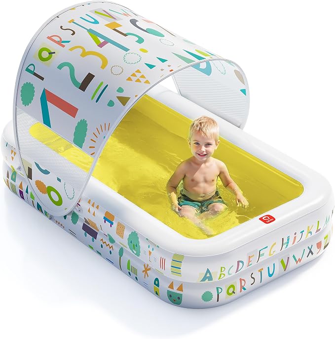 QPAU Baby Pool with Canopy, Inflatable Design, 65 x 39 in, Yellow | Inflatable Design with Soft Cushioned Floor, Converts to a Ball Pit for Kids and Toddlers, for Indoor and Backyard Play