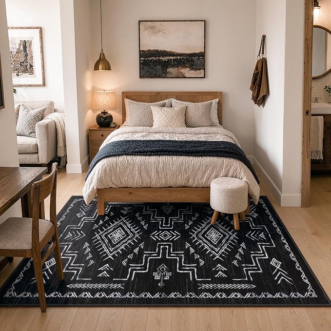 STARUIA Washable 8x10 Black and White Area Rug for Living Room, Western Aztec Tribal Moroccan Area Rug, Boys Neutral Rug for Bedroom, Non-Slip Large Carpet Under Dining Table Home Office