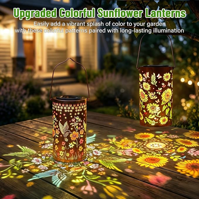 2 Pack Colorful Solar Outdoor Lanterns Waterproof - Sunflower + Hummingbird Solar Lantern Hanging Solar Light for Courtyard & Garden Decor, Ideal Birthday Gifts Mothers Day Gifts for Mom Wife Grandma