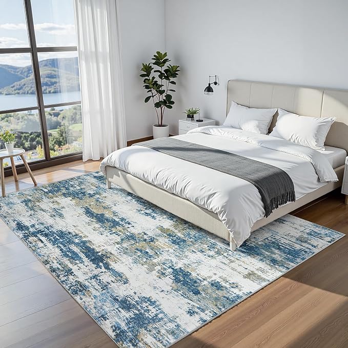 8x10 Area Rugs for Living Room: Washable Soft Blue Abstract Bedroom Carpet | Non-Slip TPE & Stain Resistant,0.25" Low-Pile,Kids Pet Friendly Modern Decor for Dining Room Farmhouse Office, Non-Shedding
