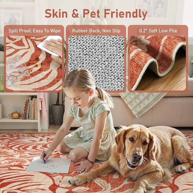LIVEBOX Washable Tiger Rug 8x10, Non-Slip Terracotta Rug for Living Room, Vintage Jungle Animal Floor Carpet Cool Terracotta Retro Area Rugs for Bedroom Dining Room Nursery Office Dorm