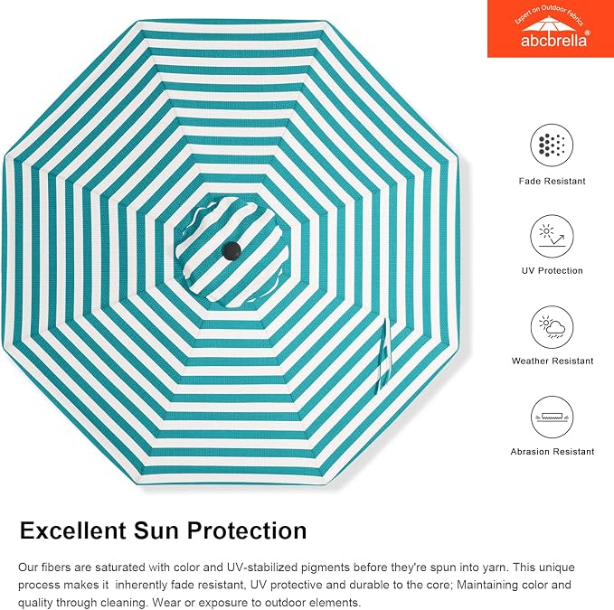 ABCCANOPY OLEFIN® 5-Year No Fading 9FT Patio Umbrella, Outdoor Table Umbrella with 8 Sturdy Ribs for Deck, Backyard, Yard (Turquoise Stripe)