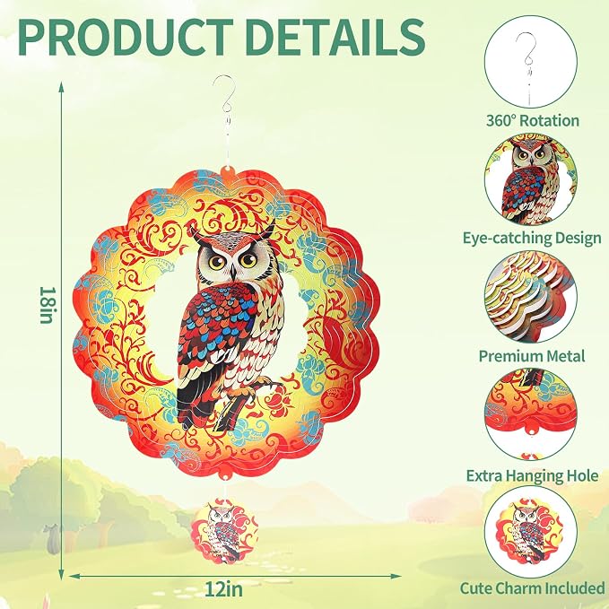 Owl Wind Spinners Outdoor for Mother's Day, IDEA SHOW 12In Stainless Steel Wind Spinners, 3D Kinetic Hanging Sculpture, Rustproof Metal Garden Decor Ornaments for Yard Art, Women, Men, Holidays