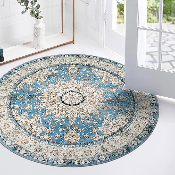 Lahome Felice Oriental Floral Medallion Round Rug - 3Ft Blue Small Round Area Rug, Soft Non-Slip Washable Bathroom Mat Indoor Throw Kitchen Carpet for Bedroom Chair Closet Decor