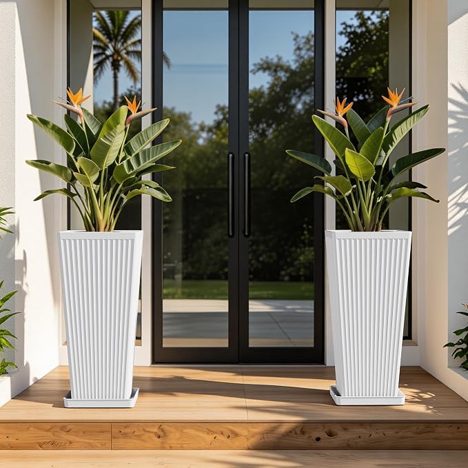 Front Porch Planters Outdoor Set of 2, 24" Tall Plastic Planters for Outdoor Plants with Drainage, Extra Large Outdoor Planter Pots, Tapered Tall Planters for Front Door & Indoor Plants, White