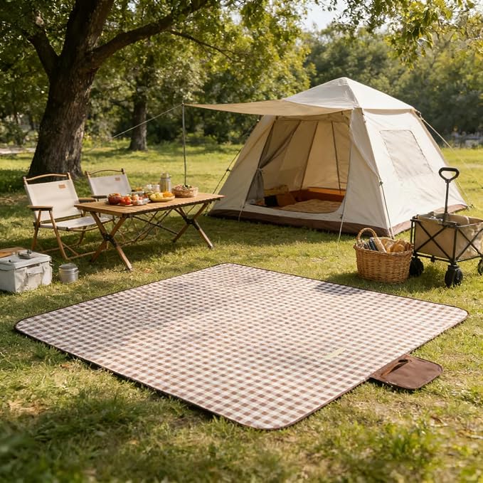 Wind Tour Waterproof Picnic Blanket with Carry Strap - Foldable Sandproof Outdoor Mat for Camping, Beach, Park - 59" x 71",Coffee Grid (Two Mat Set)