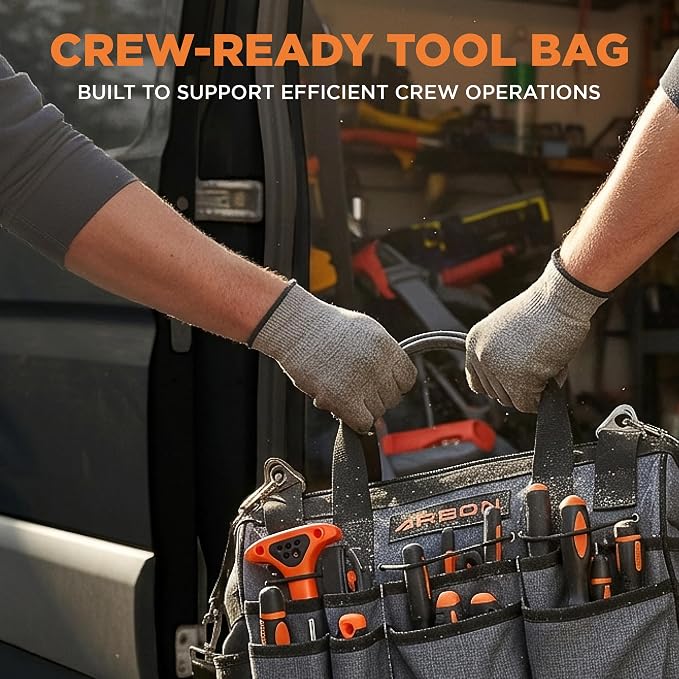 Arbon Electrician Tool Bag – Heavy Duty Organizer with 34 Pockets, Large Storage for Men, 5-Layer Reinforced Walls, Metal Frame, Hard Molded Base, Water Resistant Polyester PP Plastic, Grey, 52+ lb