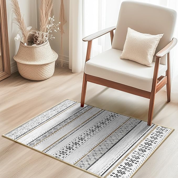 2x3 Washable Area Rugs for Living Room Boho Bathroom Rug Black/Brown | Vacuum Friendly, Machine Washable, Non-Slip Rug, Stain Resistant, Moroccan Geometric, Low Pile Carpet, Entryway Kitchen