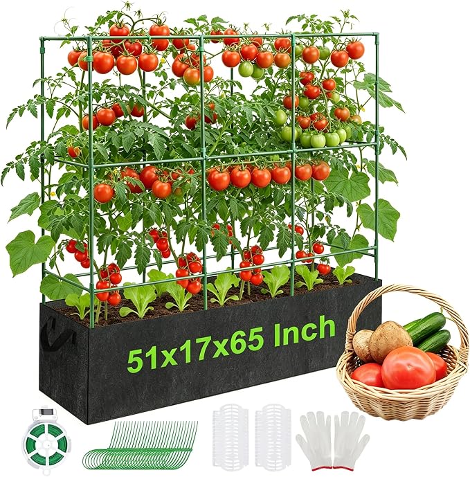51x17x65Inch Tomato Cage for Garden - with 46 Gallon Grow Bags | Tomato Trellis for Raised Bed, Squar Garden Trellis for Climbing Plants Outdoor, for Cucumber, Vegetable, Pea, Grape, Vine