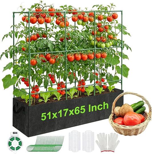 51x17x65Inch Tomato Cage for Garden - with 46 Gallon Grow Bags | Tomato Trellis for Raised Bed, Squar Garden Trellis for Climbing Plants Outdoor, for Cucumber, Vegetable, Pea, Grape, Vine