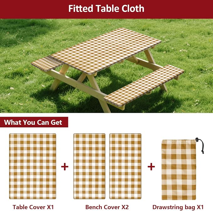 6ft Picnic Table and Bench Cover, Camping Essentials RV Gear, 72 in Waterproof Windproof Outdoor Elastic All Around Tablecloth, Fitted Rectangle Tables and Seats, Coffee-White Checkered