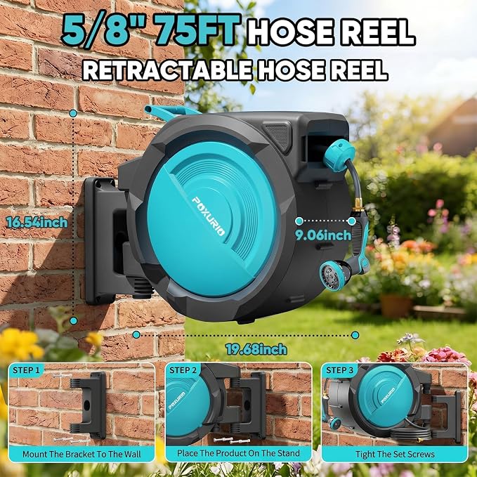 5/8" 75FT Retractable Garden Hose Reel - Heavy Duty Automatic Wall Mounted Hose Reel with 2026 Upgraded UV Resistant, 3/4" Brass Fitting, 10 Pattern Nozzle, 180° Swivel&Any Length Lock Slow Retraction