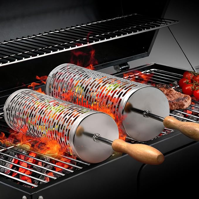 Rolling Grill Basket for Outdoor Grill, BBQ Cage for Vegetable/Veggies 2pcs | Stainless Steel Roll Barbeque Basket with Handle Heat Resistant, Non-slip Large Capacity to Grill Seafood Sausage for Camping