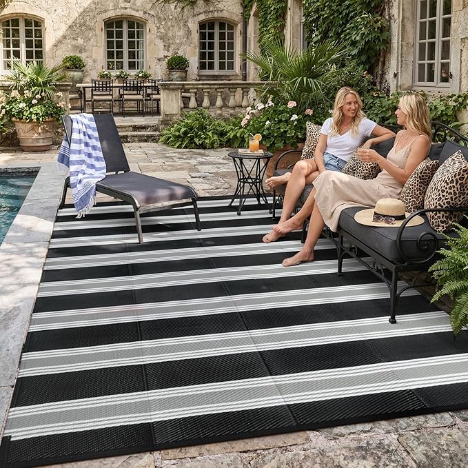 Lahome Striped Outdoor Rug Waterproof, 6x9 Reversible Outdoor Plastic Straw Rug for Camping, RV Patio Rugs Large Carpet for Porch Deck Backyard Balcony Picnic(Black/Grey,6'x 9')