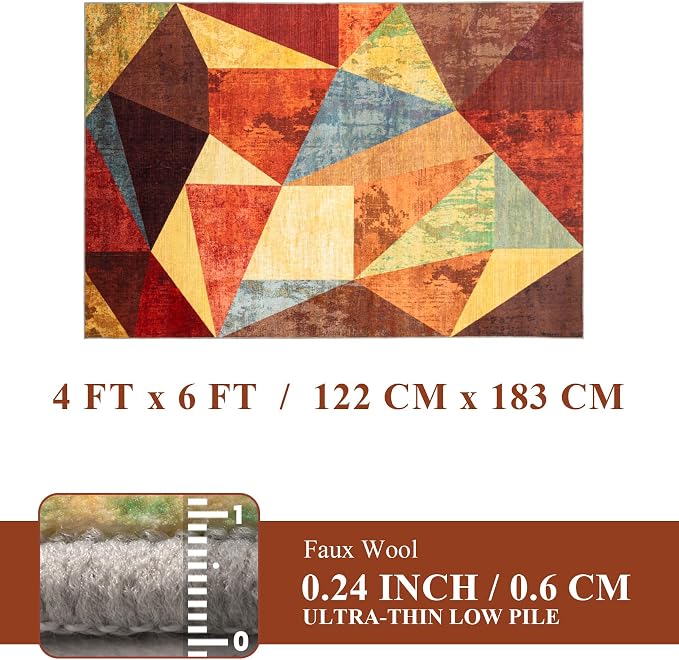 Brown Area Rug 4x6,Geometric Burnt Orange Area Rug Non Slip,Farmhouse Rugs Washable,Vintage Burgundy Carpets for Bedroom, Boho Rug for Kitchen,Dining Room